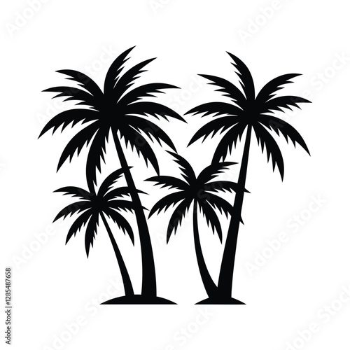 Silhouette of three palm trees against a white background.
