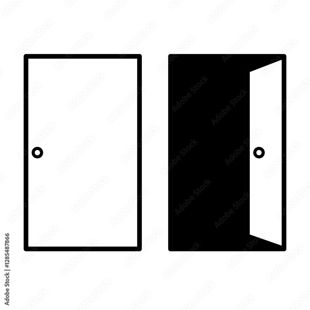 closed and open door icon in black line art style on white background closed and open door icon in black line art style on white background