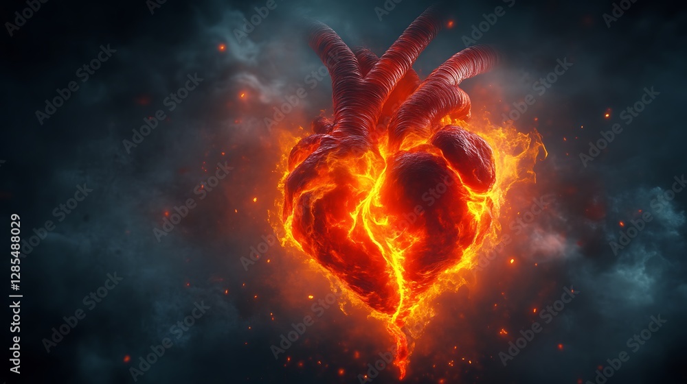 A burning heart engulfed in flames and smoke A burning heart engulfed in flames and smoke