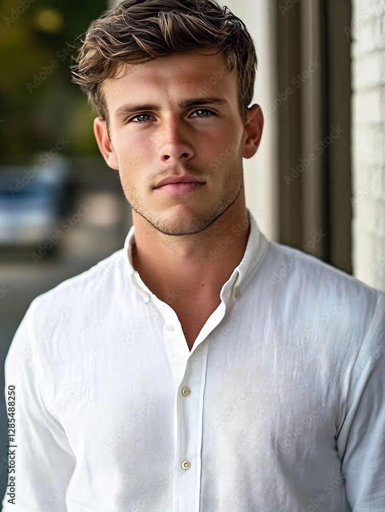 Obraz premium Stylish young man in a white shirt presenting a modern and sophisticated appearance : Generative AI