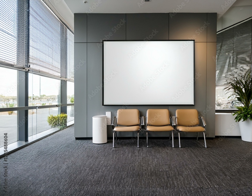 Fototapeta premium Bright contemporary waiting room interior with white empty poster