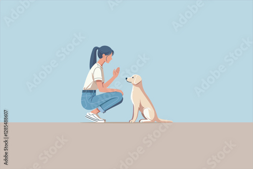 Illustration Friendship Between a Young Girl and Her Dog. Vector illustration.