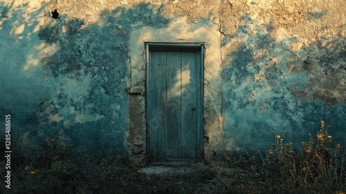 Weathered teal wall with old wooden door, overgrown with weeds and wildflowers in sunlight.
