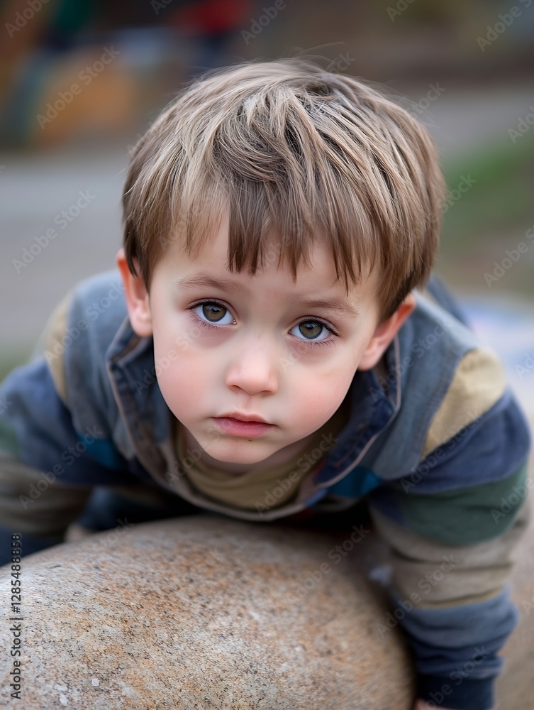 Innocent Boy Climbing on Rock Outdoor with Curious Expression : Generative AI Innocent Boy Climbing on Rock Outdoor with Curious Expression : Generative AI