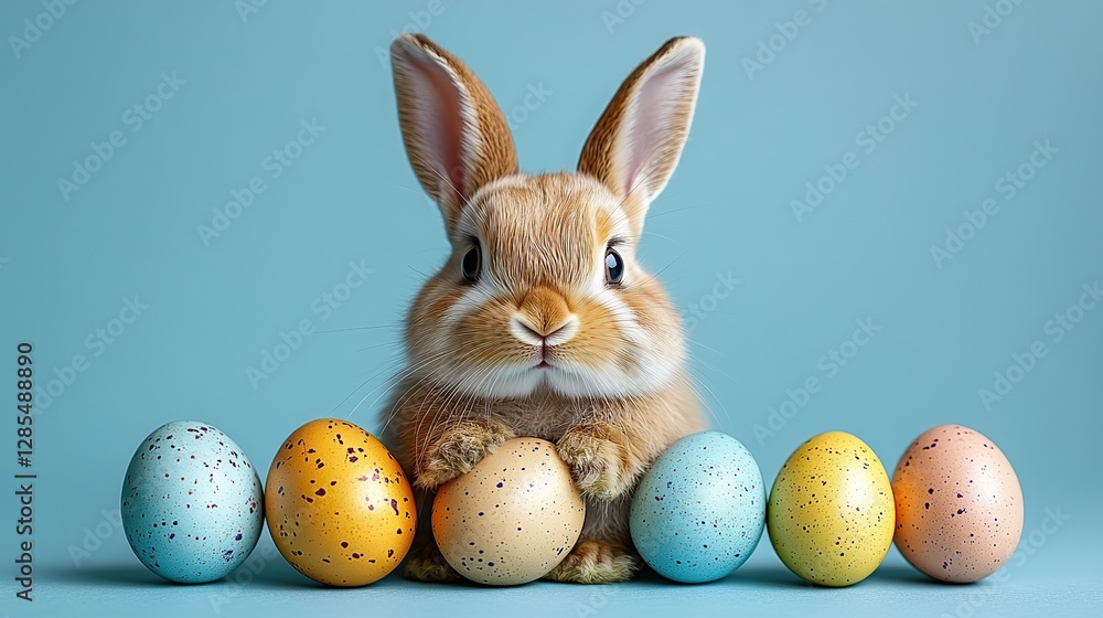 An Easter bunny in a photo frame peeks out with charming ears alongside vibrant eggs on baby blue. An Easter bunny in a photo frame peeks out with charming ears alongside vibrant eggs on baby blue.