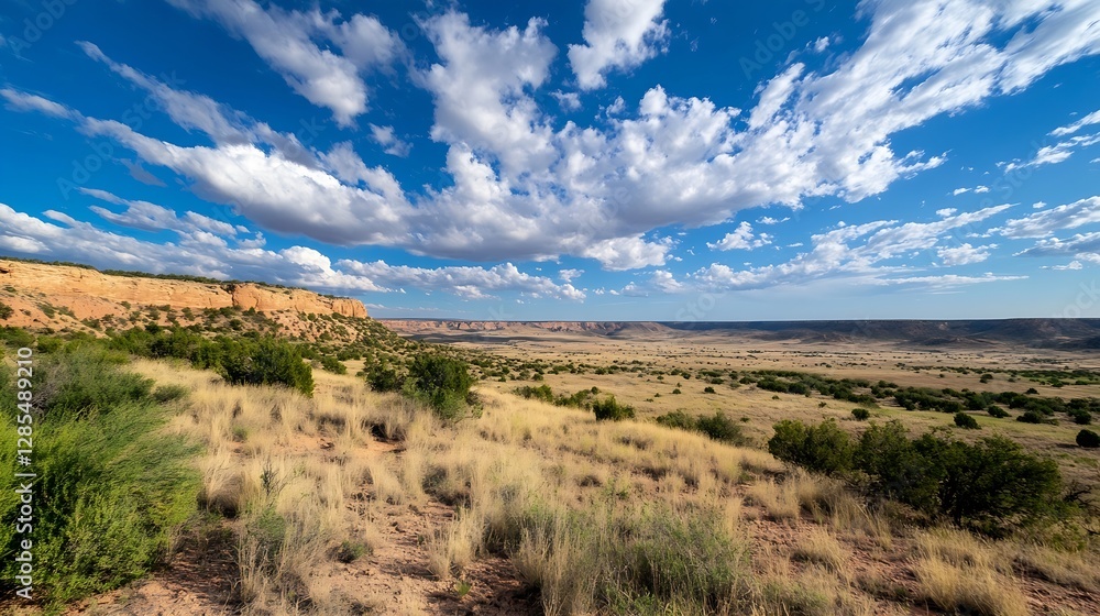 Fototapeta premium Scenic landscape view of a vast valley with dry grass and scattered shrubs under a dramatic cloudy sky : Generative AI