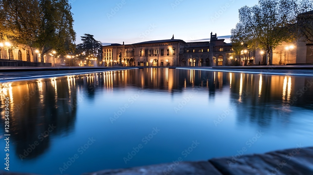 Obraz premium Captivating Night View of Historic Building Reflected in Calm Water : Generative AI