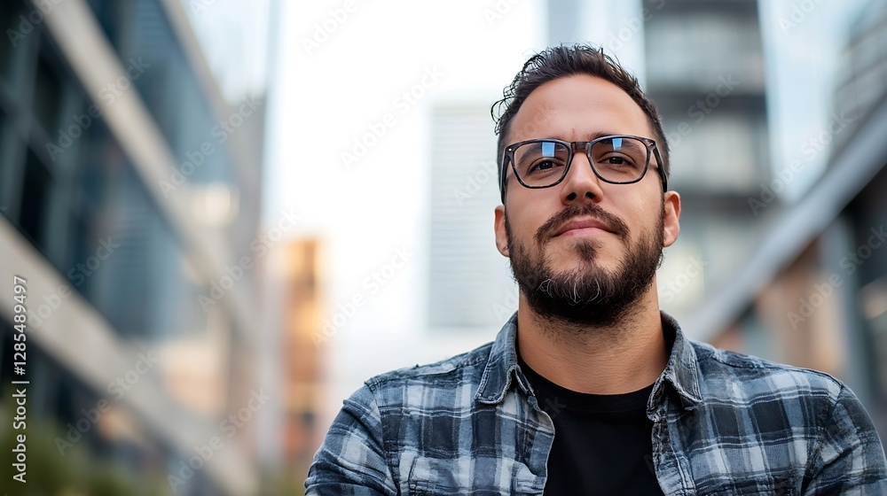 Confident Young Man with Glasses Portrait in Urban Environment with Modern Cityscape in Background : Generative AI Confident Young Man with Glasses Portrait in Urban Environment with Modern Cityscape in Background : Generative AI