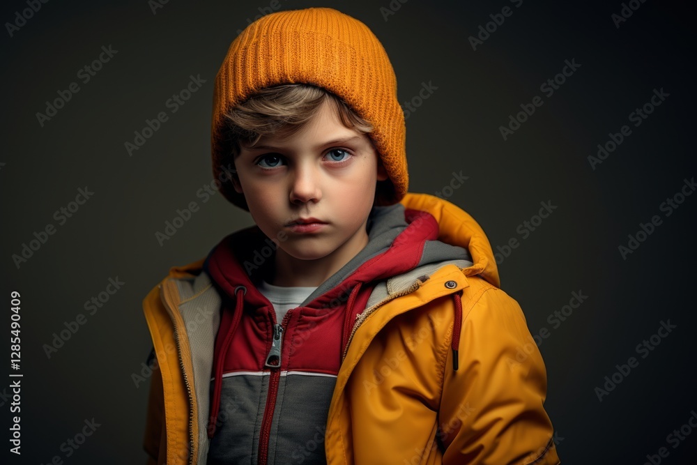 Little boy in a yellow jacket and a knitted hat. Studio shot. Little boy in a yellow jacket and a knitted hat. Studio shot.
