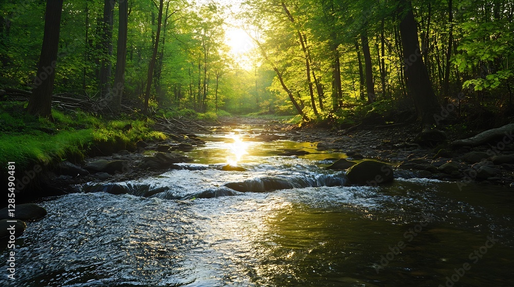 Fototapeta premium Serene River Flowing Through Lush Green Forest with Sunlight Reflections : Generative AI