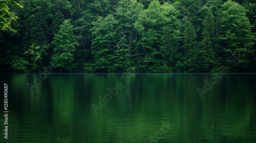 Green Forest Reflected in Calm Lake Surrounded by Dense Trees : Generative AI photo