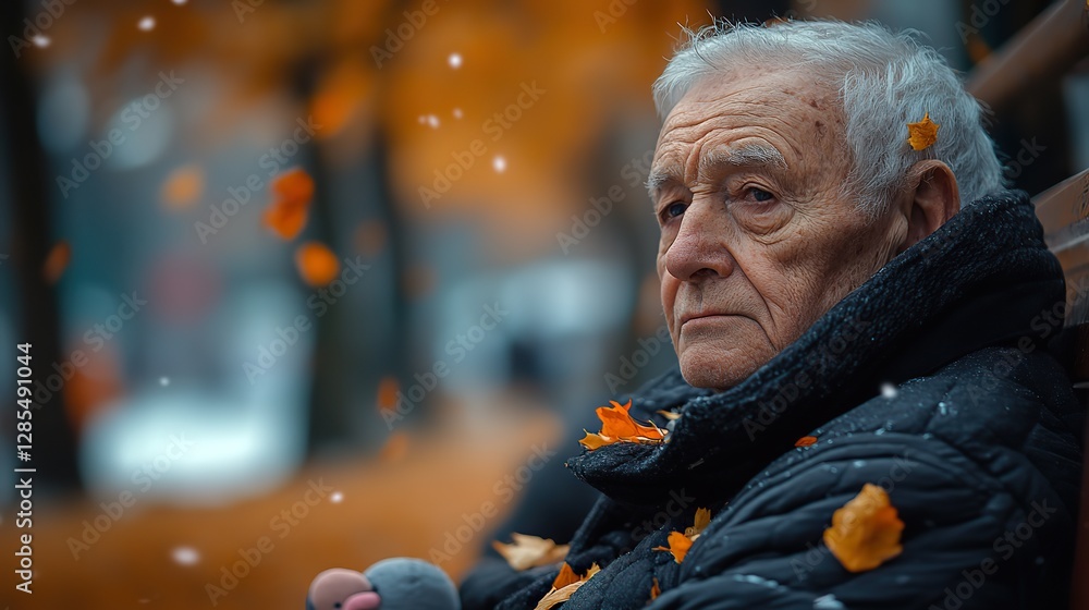 Obraz premium An elderly person sitting on a bench is looking sad and reflective, with a small character nearby. The scene conveys a sense of loneliness and contemplation.