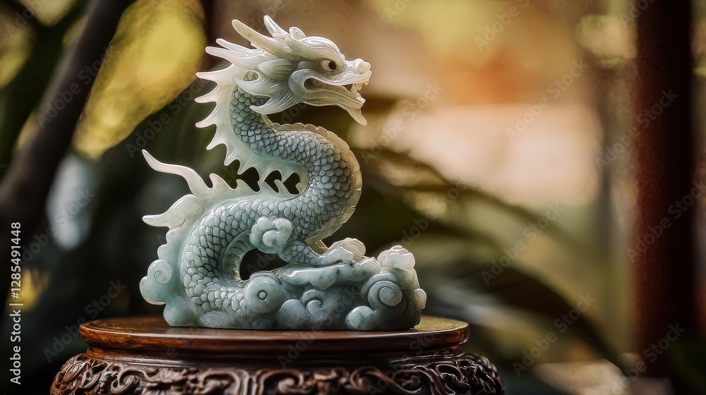 Exquisite jade dragon sculpture on ornate wooden pedestal Exquisite jade dragon sculpture on ornate wooden pedestal