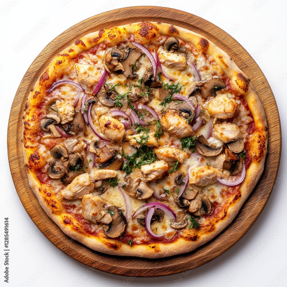 Delicious chicken and mushroom pizza, topped with red onions, and herbs served on a wooden board. Delicious chicken and mushroom pizza, topped with red onions, and herbs served on a wooden board.