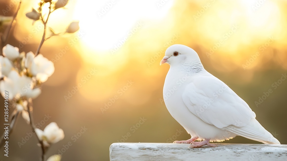 Obraz premium Elegant White Dove Perched on a Wooden Rail Against a Beautiful Golden Sunset Background : Generative AI