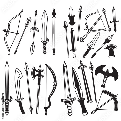 RPG weapon icon set, vector fantasy game sword collection, dungeon dragon battle attack object kit: magic sorcerer staff, warrior dagger, medieval bow, arrow, character equipment vector illustration