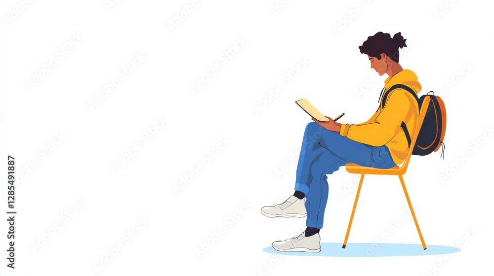Fototapeta premium Young Person Sitting and Writing in Notebook with Backpack on Chair and White Background