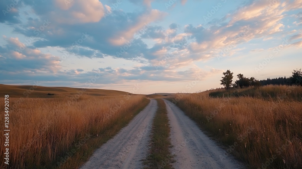 Rural Pathway Through Golden Fields Under Blue Sky and Expansive Cloudscape : Generative AI Rural Pathway Through Golden Fields Under Blue Sky and Expansive Cloudscape : Generative AI
