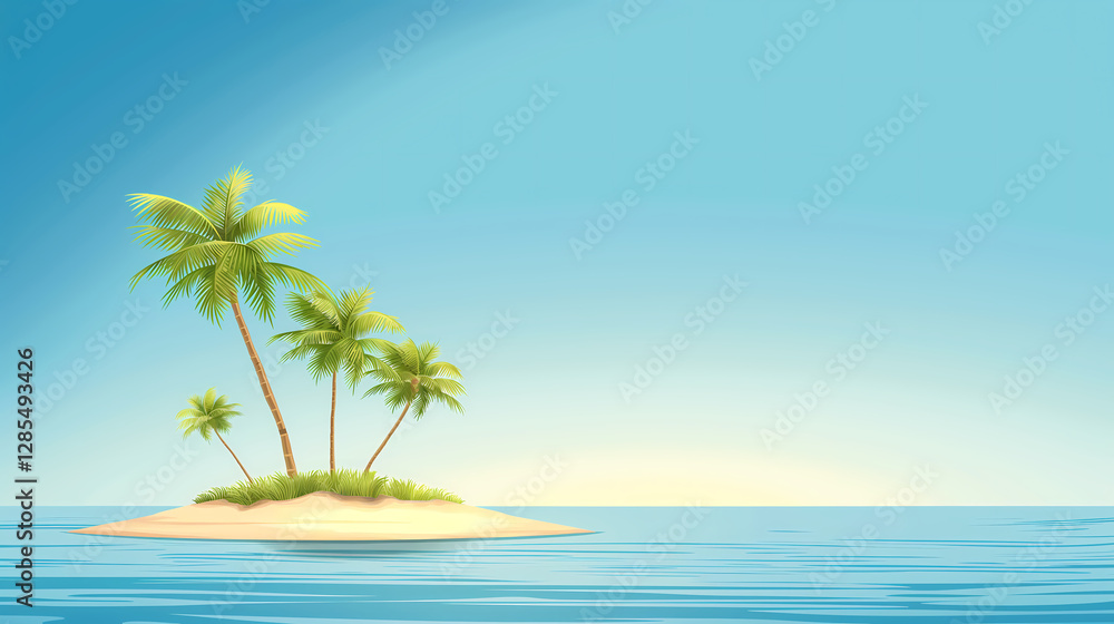 Obraz premium Tiny Tropical Island with Palm Trees in a Calm Blue Ocean, Paradise Escape Scene