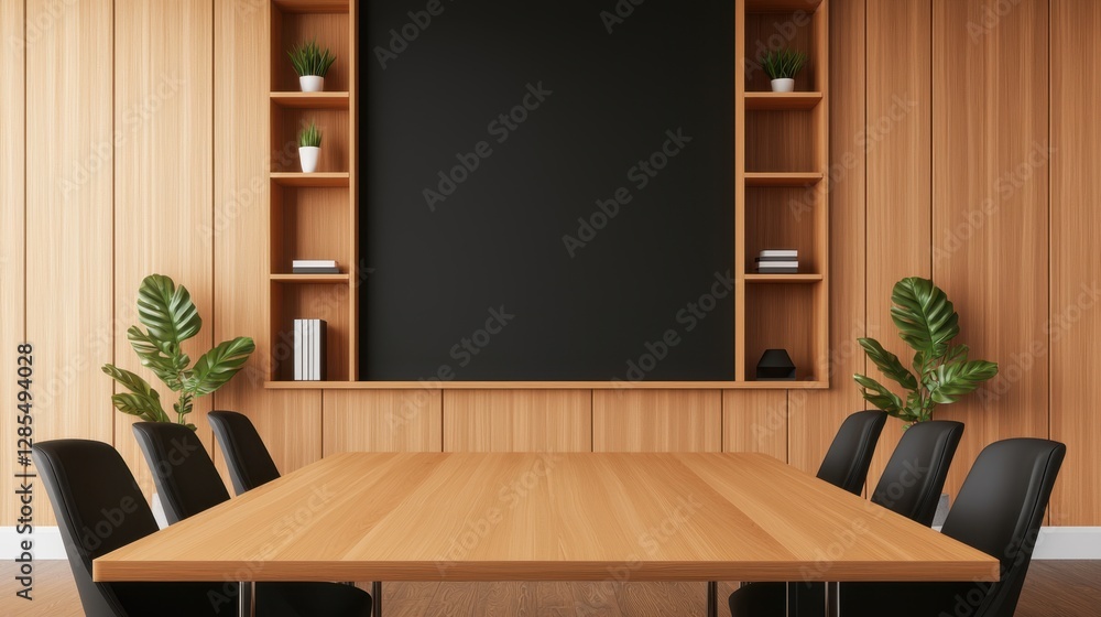Fototapeta premium Conference rooms in convention centers Concept, Modern Compact Meeting Room with Wooden Walls and Built-in Shelves Featuring Large Table and Plants