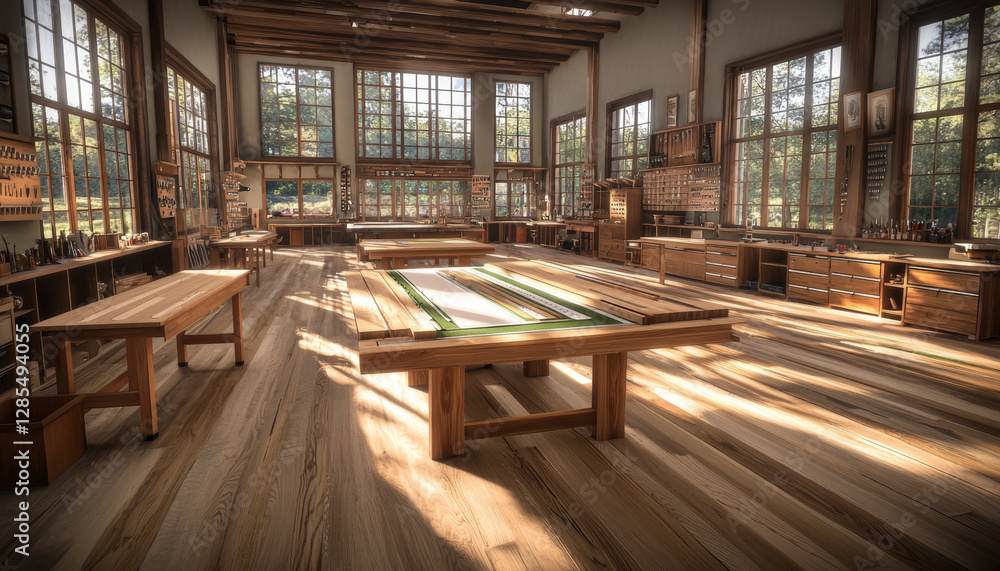 Spacious woodworking studio with large windows and wooden tables Spacious woodworking studio with large windows and wooden tables