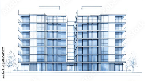 A meticulously drawn front elevation blueprint of a modern 20-story apartment building, capturing its tall and narrow profile
