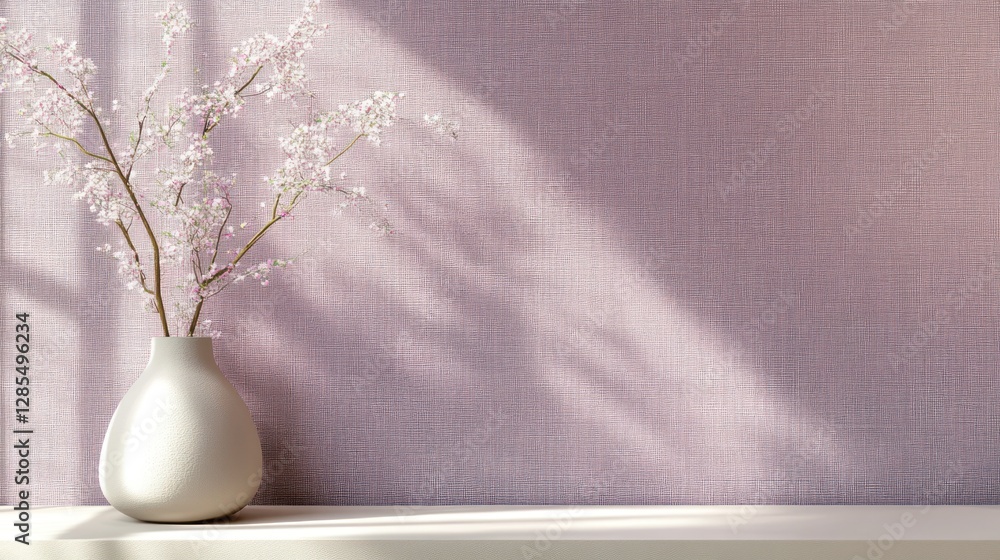 White vase with delicate white flowers on a shelf against a lilac wall, bathed in sunlight. White vase with delicate white flowers on a shelf against a lilac wall, bathed in sunlight.