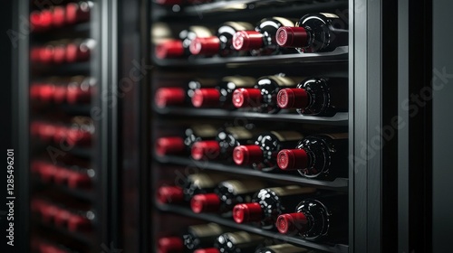 Modern Wine Storage Unit Showcasing Bottles with Red Caps and Labels
