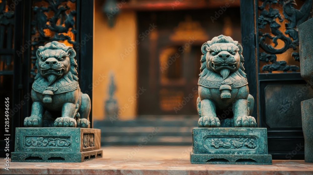 Chinese Guardian Lions at Historic Temple Entrance in Vibrant Detail Chinese Guardian Lions at Historic Temple Entrance in Vibrant Detail