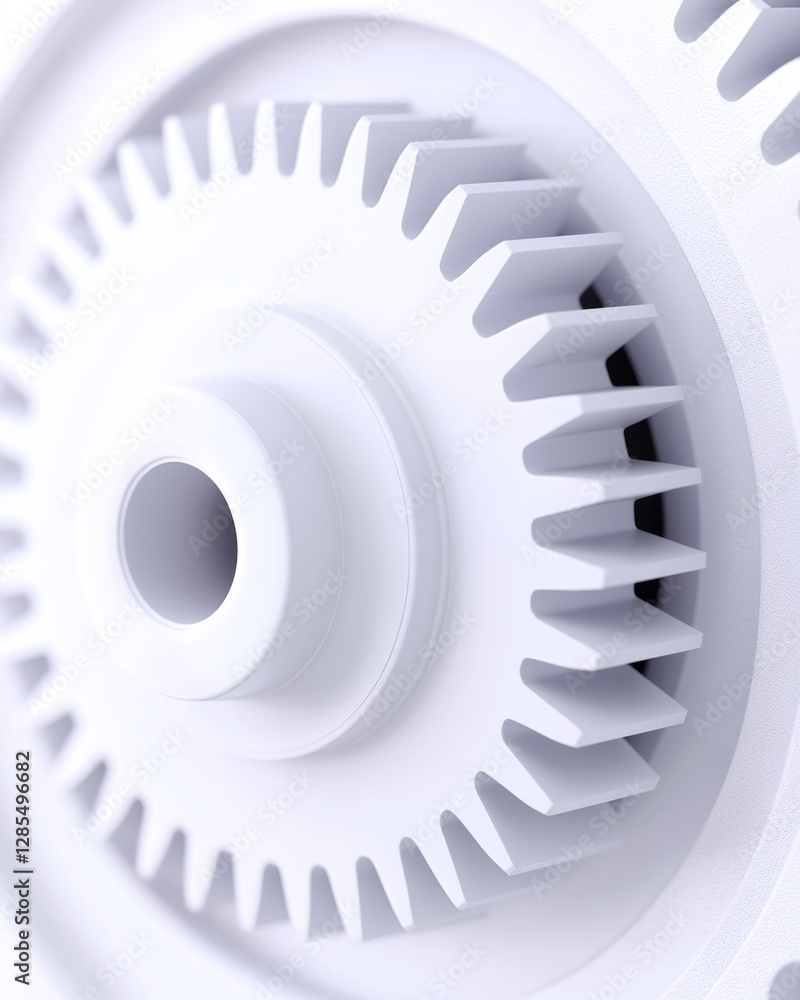 Close up of white interlocking gears in mechanical design