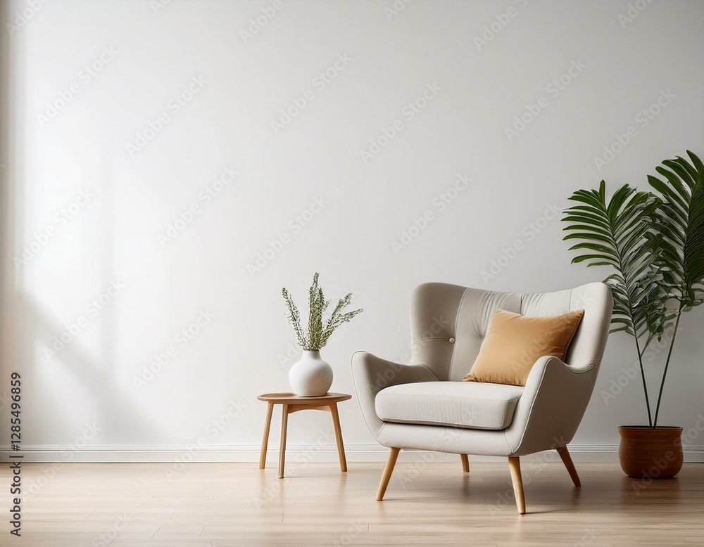Bright living room interior with armchair, empty white wall