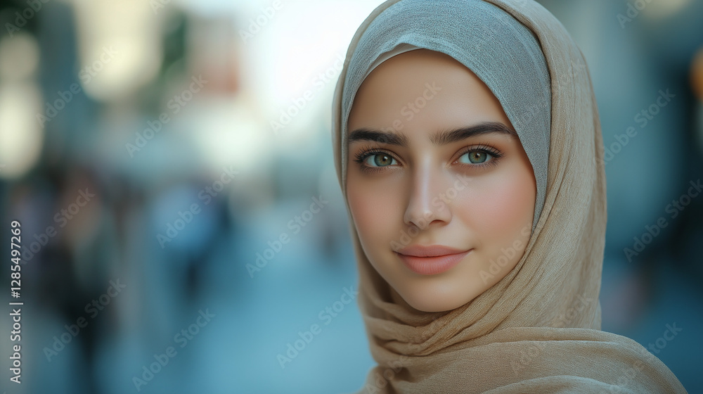 Elegant Hijabi Woman in Modern Modest Outfit: A portrait of a stylish hijabi woman wearing a pastel-colored modest dress, standing in front of an urban background with soft natural lighting Elegant Hijabi Woman in Modern Modest Outfit: A portrait of a stylish hijabi woman wearing a pastel-colored modest dress, standing in front of an urban background with soft natural lighting