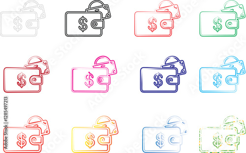 Minimalist wallet icons, money symbols, simple line drawings, multiple colors, flat design, repeated pattern, financial illustrations, currency symbols, compact wallets, geometric shapes, pastel shade