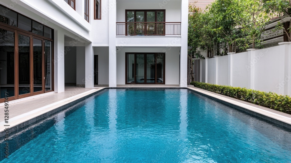 Fototapeta premium A modern home featuring a serene swimming pool surrounded by lush greenery and sleek architecture.