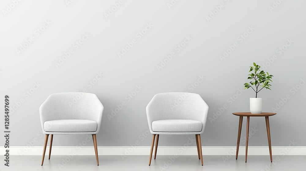 Obraz premium Minimalist interior featuring two white chairs, a wooden side table, and a potted plant against a light gray wall, creating a clean, modern aesthetic.