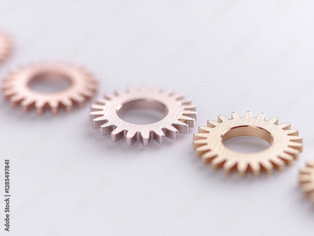 Intricate metallic gears arranged in line on white surface Intricate metallic gears arranged in line on white surface