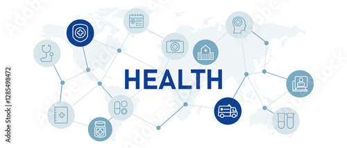 Health icon set with illustration healthcare treatment diagnose doctor checkup consultation ambulance emergency transportation analysis medical care mental psychology cure meditation medicine pills