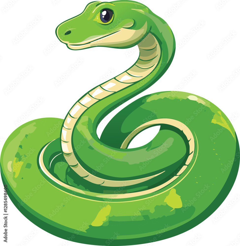 Fototapeta premium Adorable Green Python Illustration Coiled Up in a Charming Pose, Vibrant Digital Artwork Featuring a Cute and Friendly Reptile with Bright Green Scales