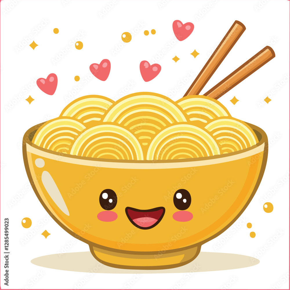 Cute Kawaii Yellow Ramen Noodle Bowl with Happy Face and Brown Chopsticks Pixel Art Illustration Cute Kawaii Yellow Ramen Noodle Bowl with Happy Face and Brown Chopsticks Pixel Art Illustration
