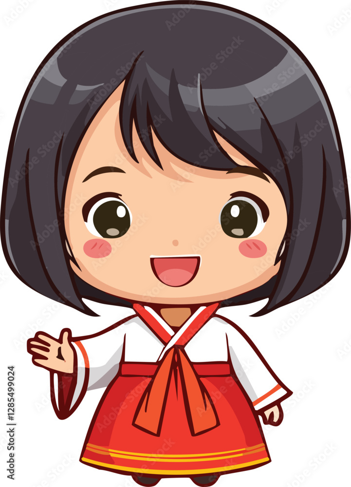 Cheerful Chibi Girl in Traditional Korean Hanbok Waving: A Cute Cartoon Illustration Cheerful Chibi Girl in Traditional Korean Hanbok Waving: A Cute Cartoon Illustration