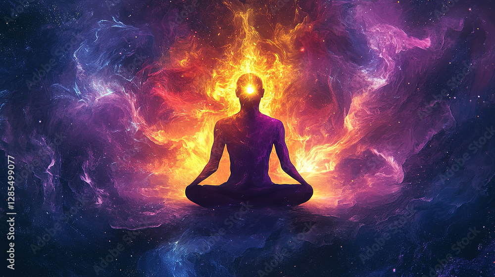 A meditative figure with a glowing third eye, surrounded by pulsating waves of golden energy A meditative figure with a glowing third eye, surrounded by pulsating waves of golden energy