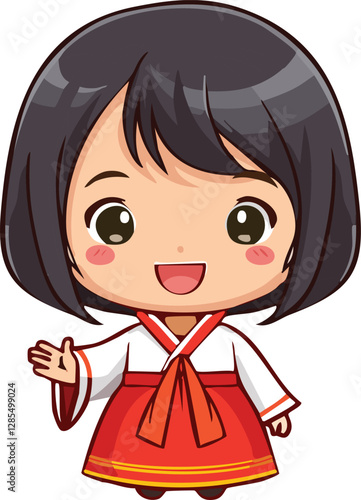 Cheerful Chibi Girl in Traditional Korean Hanbok Waving: A Cute Cartoon Illustration