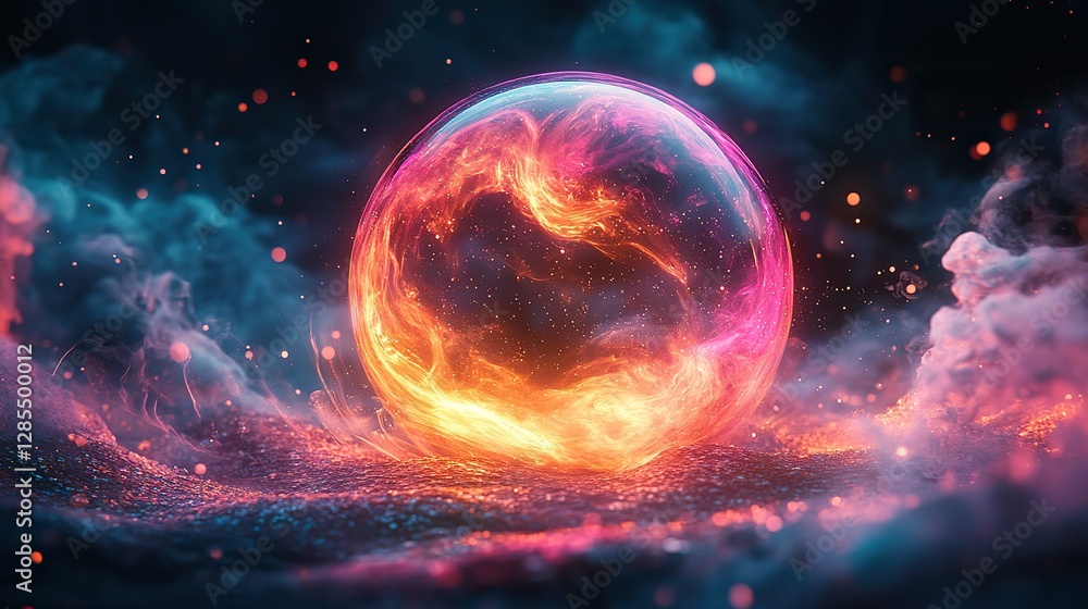 An ethereal iridescent orb glows in dark space, surrounded by shimmering particles, creating a mesmerizing cosmic atmosphere the orb's surface reflects light beautifully. An ethereal iridescent orb glows in dark space, surrounded by shimmering particles, creating a mesmerizing cosmic atmosphere the orb's surface reflects light beautifully.