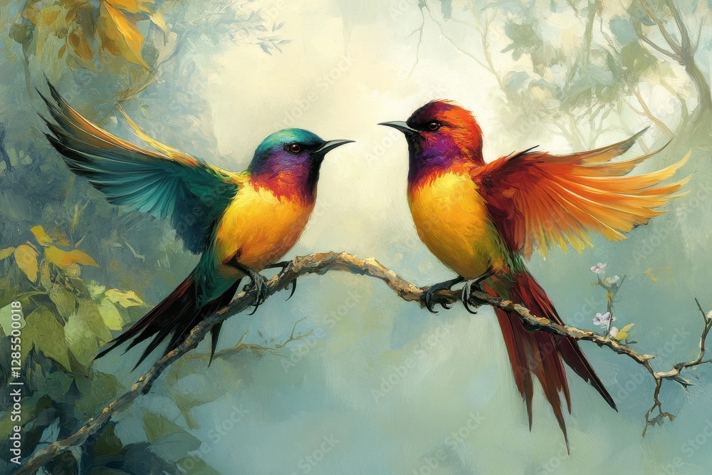 Fototapeta premium Colorful birds with vibrant plumage engaged in a display on a branch surrounded by lush foliage, birds with beautiful plumage sit on a branch and then fly away