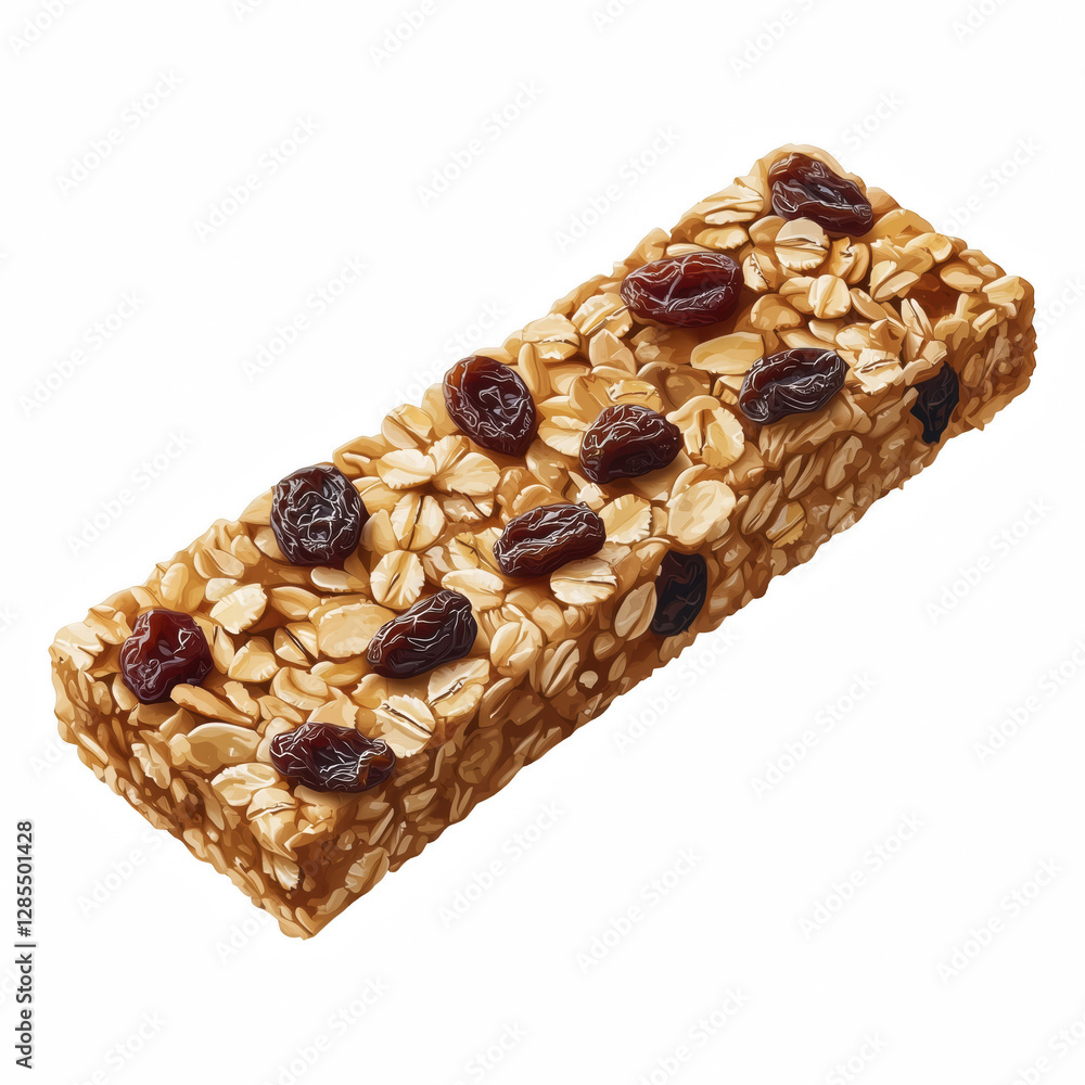 Realistic illustration of a granola bar with a textured surface, packed with oats and raisins, showcasing its crunchy and wholesome appeal, isolated on transparent background. Realistic illustration of a granola bar with a textured surface, packed with oats and raisins, showcasing its crunchy and wholesome appeal, isolated on transparent background.