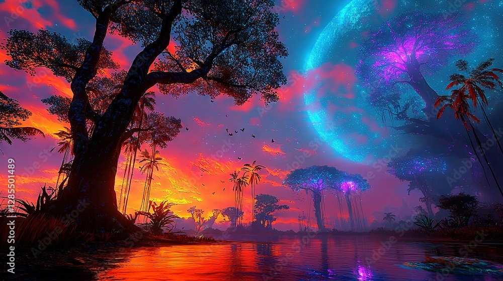 Obraz premium A painting of an alien landscape featuring trees, a body of water, and a purple-blue sky