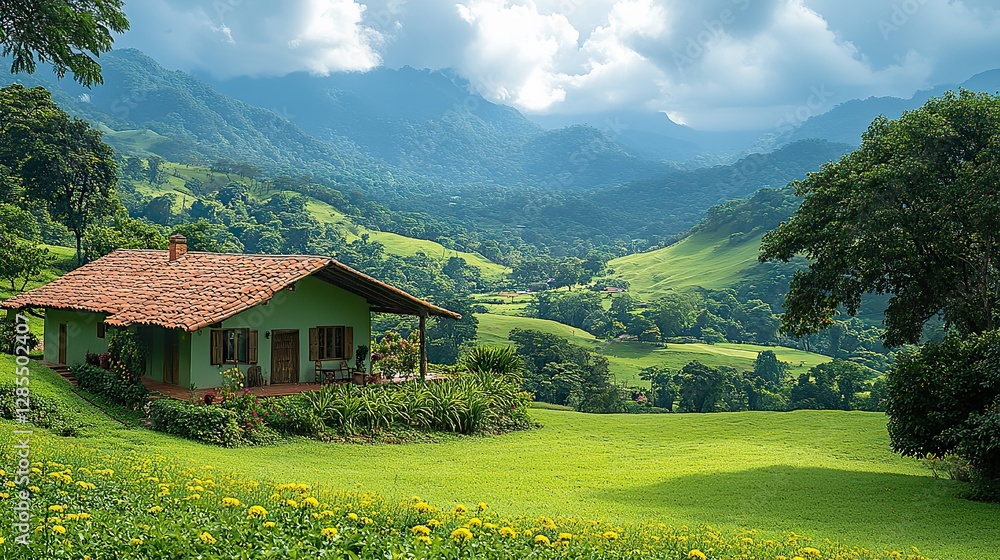 Fototapeta premium An idyllic green valley with farmhouses nestled amongst the rolling hills and mountains.