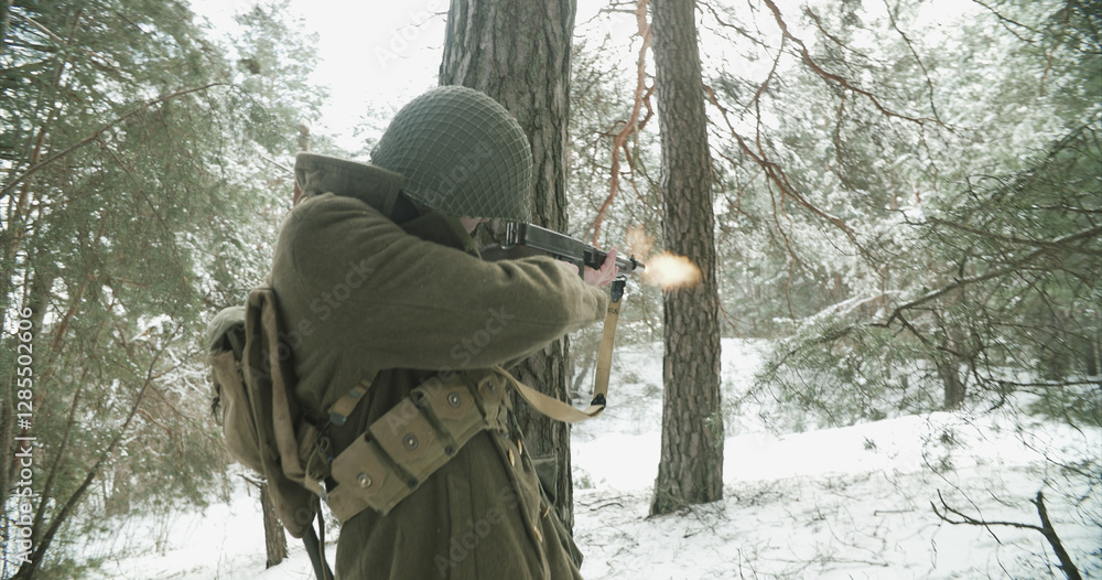 Usa Soldier With Old Thompson Sub-machine Gun. Close-up View Detail On Thompson Sub-machine Gun In Hands Of Re-enactor Dressed As American Infantry Soldier. Usa Army Soldiers Of World War Ii