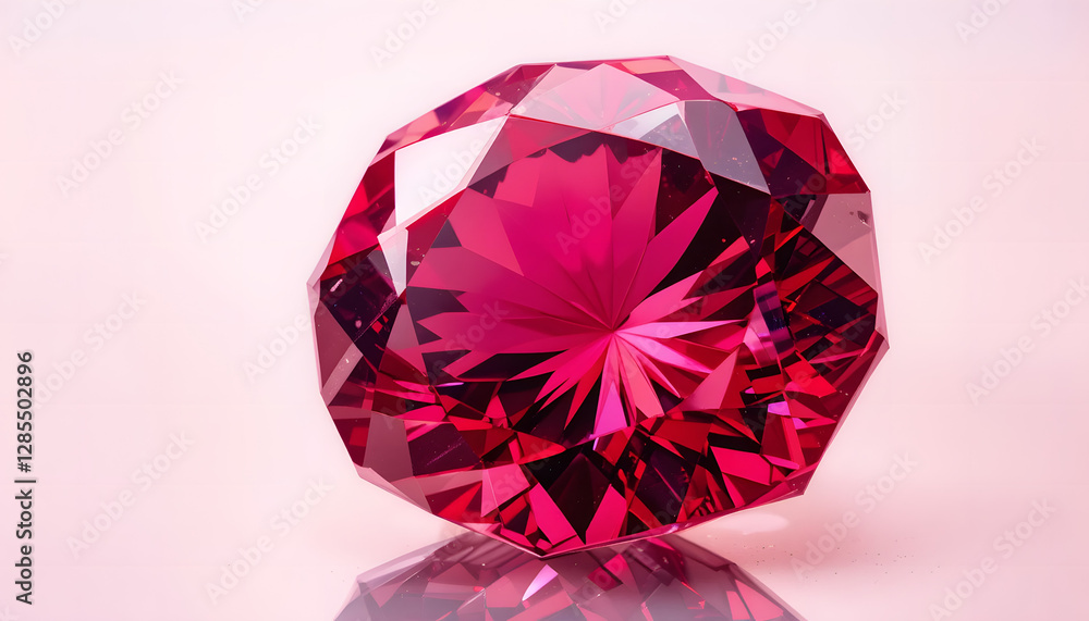Close-up of a sparkling red gemstone with faceted cuts, reflecting light on a soft pink background.