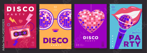 Set of retro disco party posters, covers or banners with disco ball. Disco background. Flat design. Vector illustration